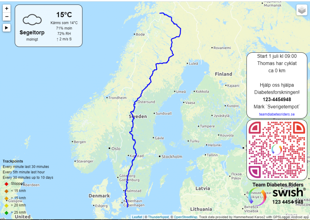 Skärmdump på sverigekarta med rutten för Sverigetempot utmärkt.